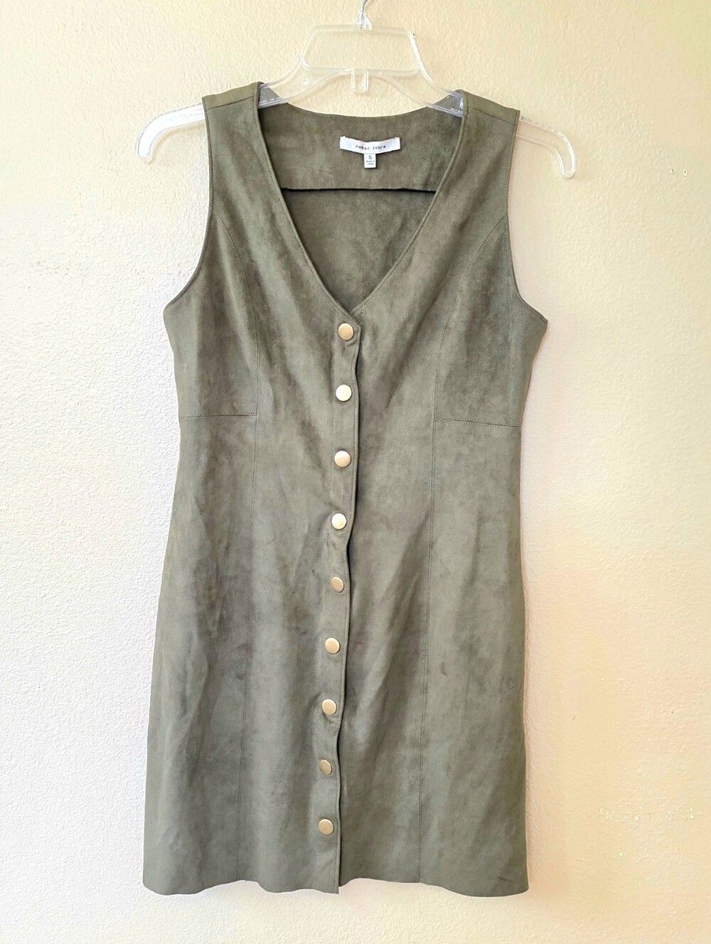 Naked Zebra Olive Green Faux Suede Button Snap Front Pinafore Mini Dress